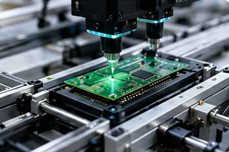 หัวจับชิ้นงานเหนือแผ่น PCB ในสายการผลิต