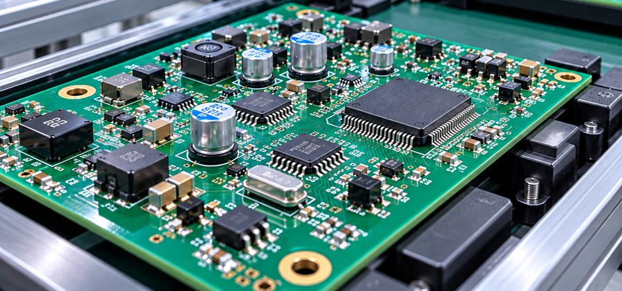 แผงวงจร PCB บนรางลำเลียงในสายการผลิต