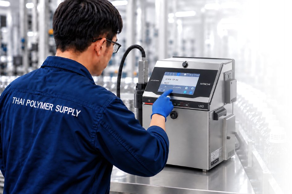 วิศวกร Thai Polymer Supply ตั้งค่าเครื่องพิมพ์ Hitachi UX2 Series ในสายการผลิต